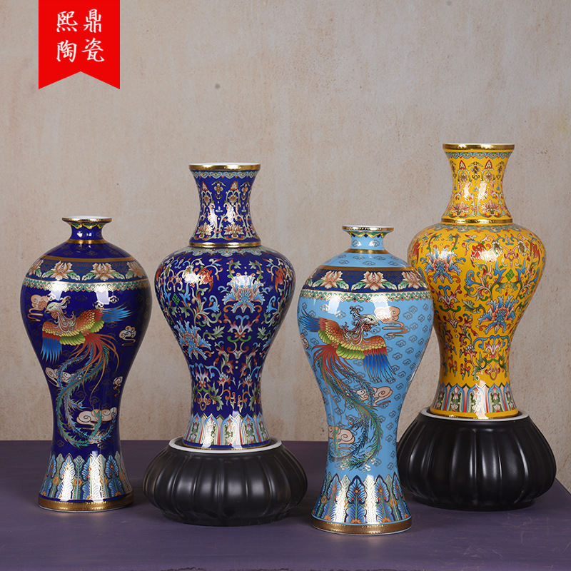 景德镇景泰蓝陶瓷花瓶掐丝珐琅陈中式描金仿乾隆年制梅瓶摆件收藏