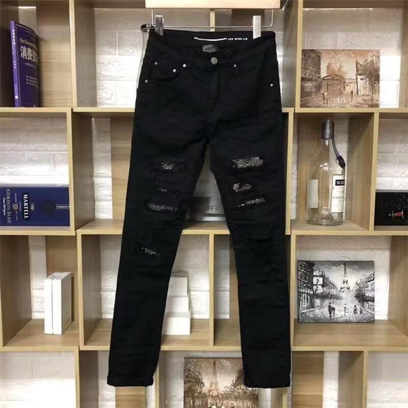 New Casual High Street Ripped Jeans Unisex Rhinestone Slim Straight Pants Spring Autumn Mid-Waist Regular_mkmklike.com