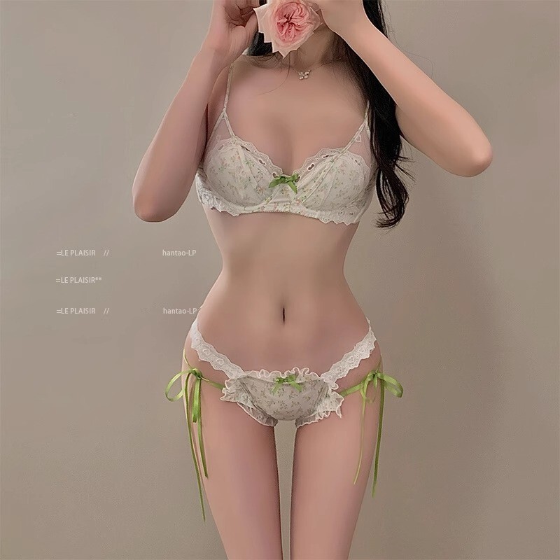 French Style Girl Floral Pure Desire Underwear Women's Small Chest Lace Bow Sweet Bra suit Sexy Thin Bra