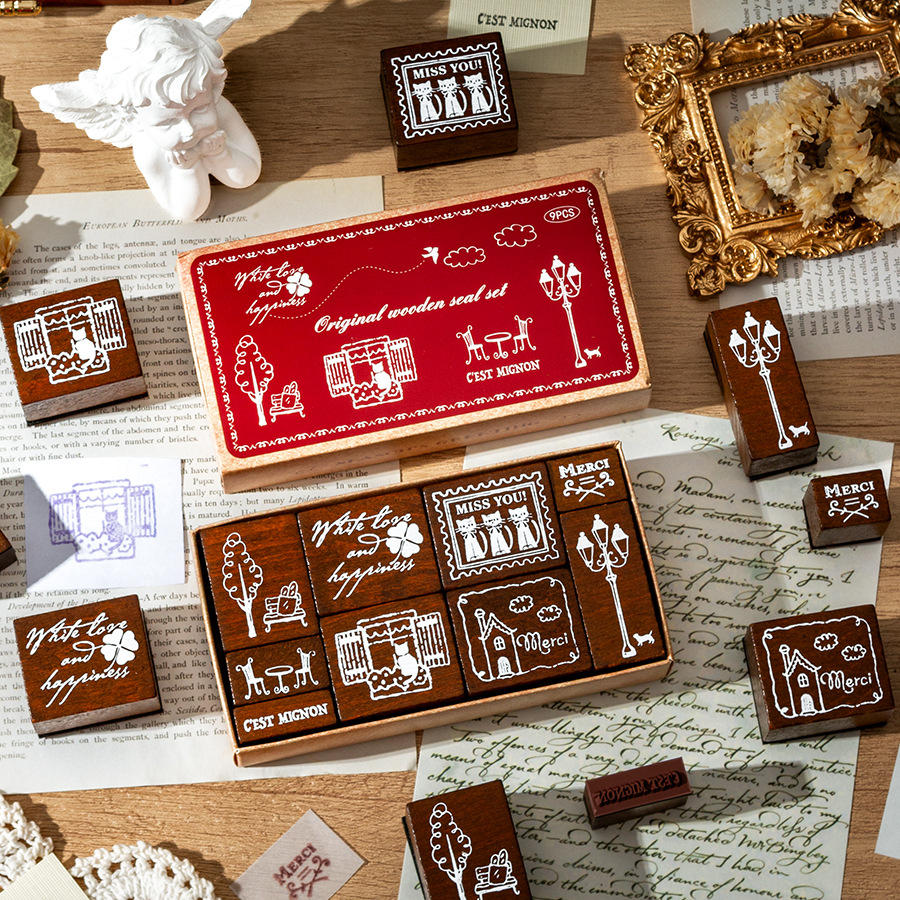 Bendición en francés, madera de loto retro creativa, frases de bendición en francés, cuentas de mano de bricolaje, juego de sellos de madera, especial transfronterizo