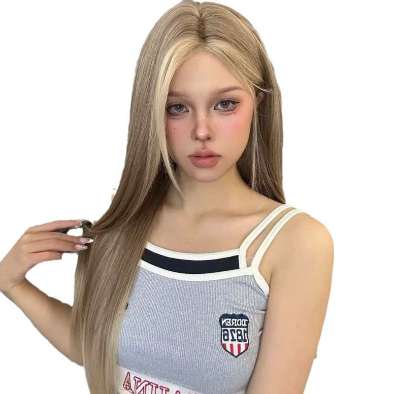コニー アジア人モデル フロントレースウィッグ 女性用 - フルヘッド アメリカンスタイル ブロンド ブラウン オンブル 中央部分付き