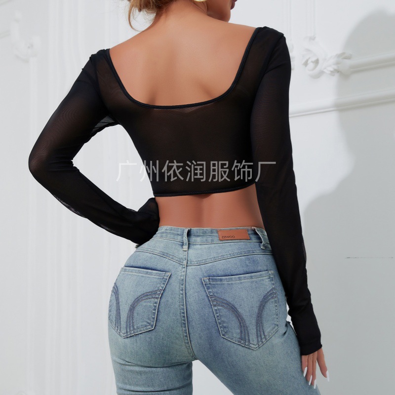 Ropa de estilo urbano para otoño e invierno, top de manga larga con cuello cuadrado, ajustado, de encaje y malla, estilo europeo y americano, sexy y a la moda. image 3