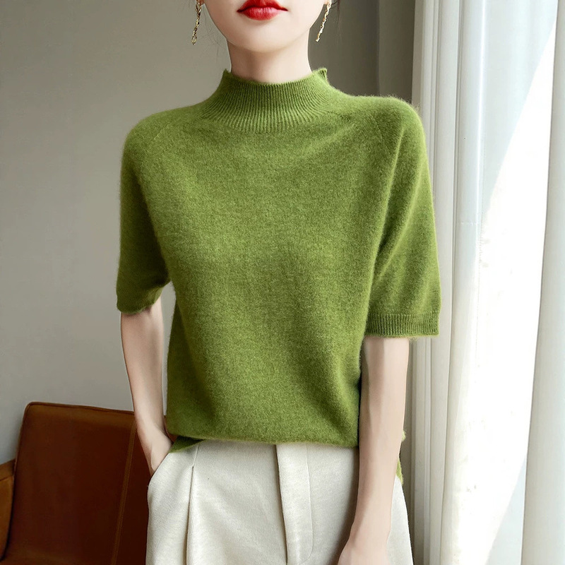Cross-Border Wholesale Spring, Autumn, and Summer Seamless Half-Turtleneck Women's Pullover Sweater Knitwear with Mid-Sleeves