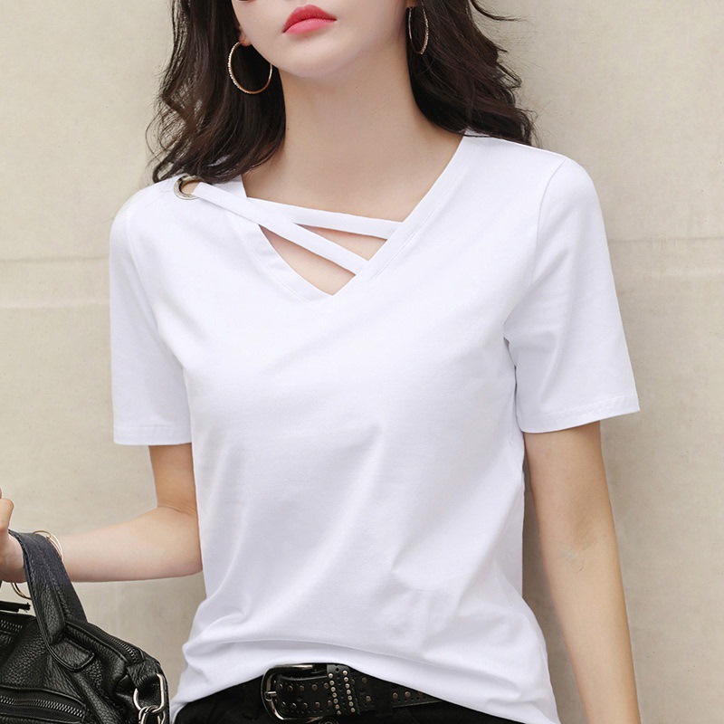 Summer New Korean Style Design Feeling Iron Ring All-match V-neck Short-sleeved T-shirt Female Student Loose plus size Top Base Shirt