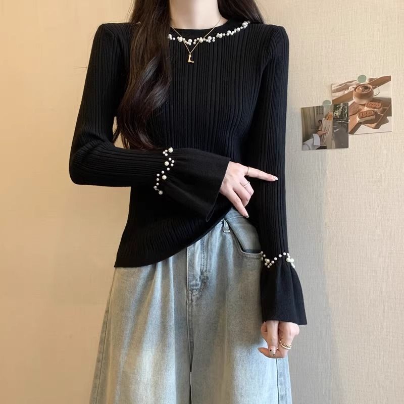 Beautiful Beaded High-end Base Shirt Women's Autumn and Winter French Horn Sleeve Knitted Shirt with Slim-fit Sweater Foreign Style Top