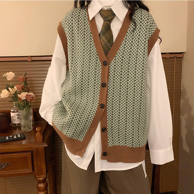 Japanese-style Green Plaid Cardigan Vest Vest Loose Spring and Autumn Vintage Casual All-match Student Sleeveless Sweater Women's Top