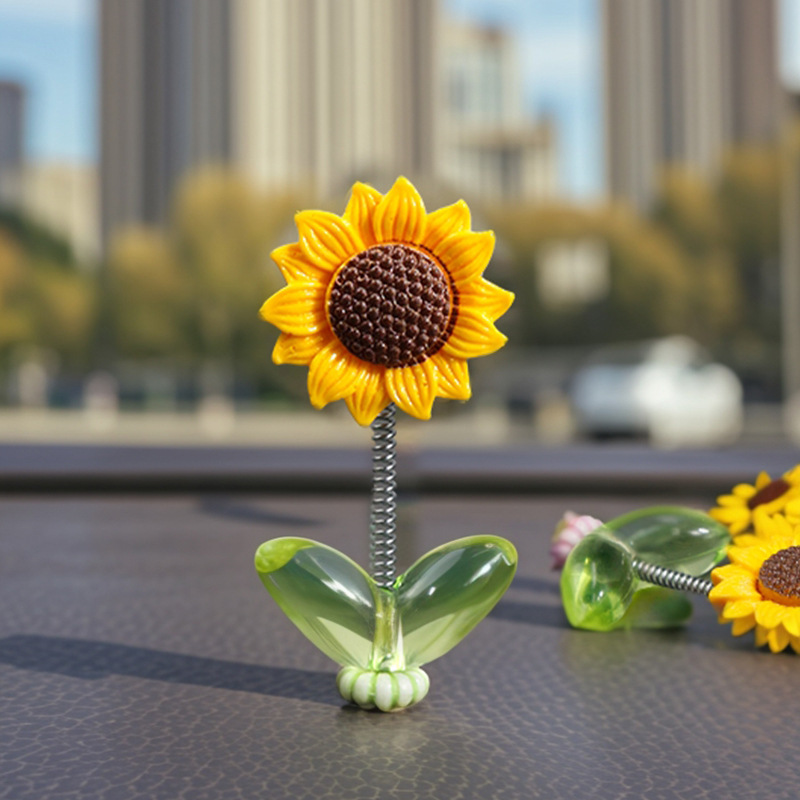 Cute Shaking Sunflower Car Ornaments Healing Fresh Flowers Car Center Console Rearview Mirror Ornaments Swing