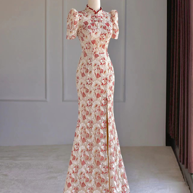 Vestido Qipao para Novia, Estilo 2025, Color Borgoña, para Boda, Compromiso, Graduación, con Encaje y Cola de Pez image 7
