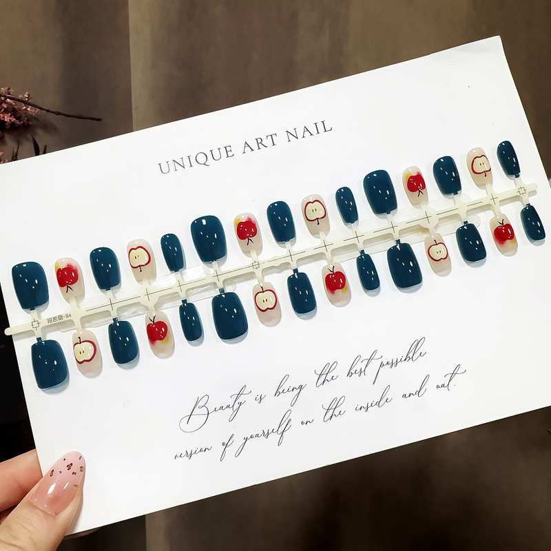 S514-Pre-Made Full-Length Blue-Green Apple Wearable Nails, Retro Style, Color-Blocking, Oil Painting Style, Detachable Nail Pieces