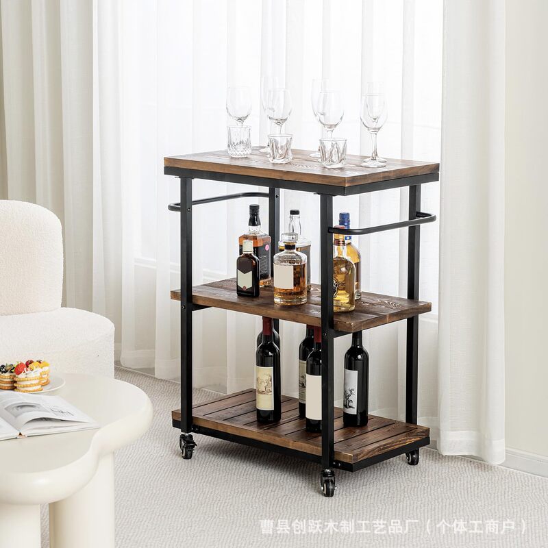 Wooden Storage Rack Three-Layer Bar Cart Service Trolley with Lockable Wheels Rolling Home Retro Wine Rack