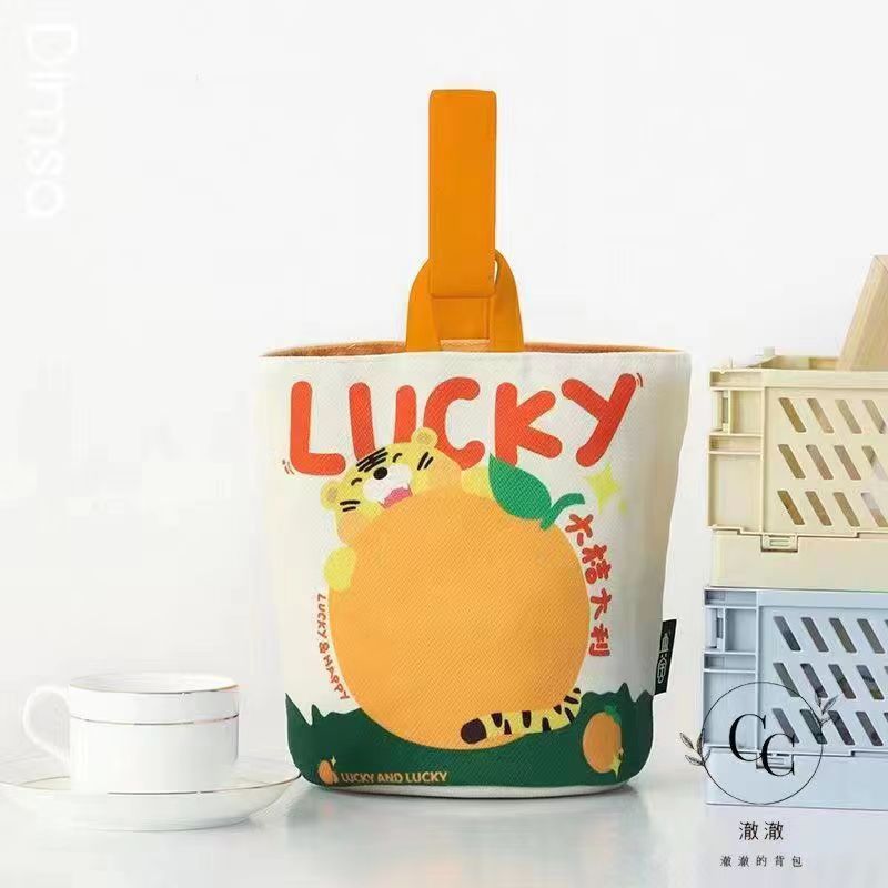Nuevo tipo de bolso de lona gran impresión naranja italiana bolso de mano pequeño bolso de mano taza de bento para salir bolso pequeño lindo