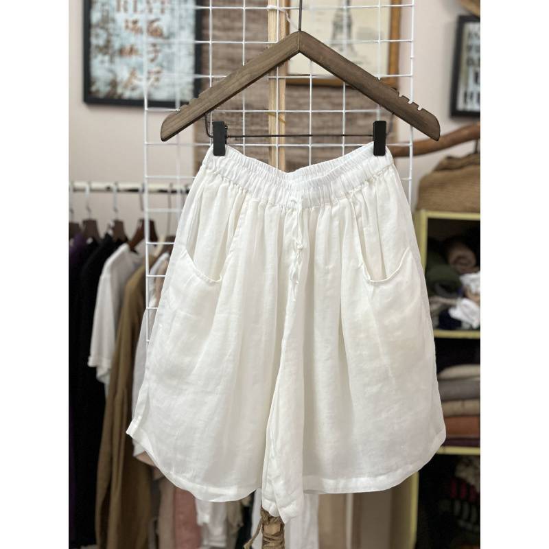 Spring New Cotton and Linen Ramie Wide-Leg Shorts, Loose and Slimming, Plus-Size Casual Thin Elastic Waist Five-Point Hot Pants for Women