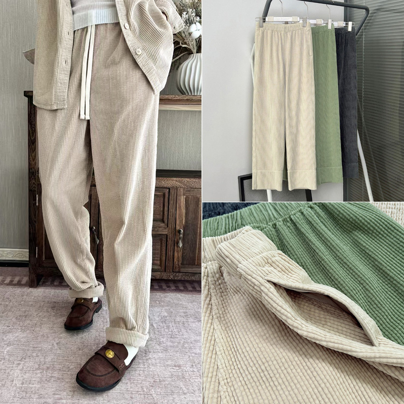 House Three-Color Basic Loose Corduroy Elastic Waist Casual Straight-Leg Pants for Women