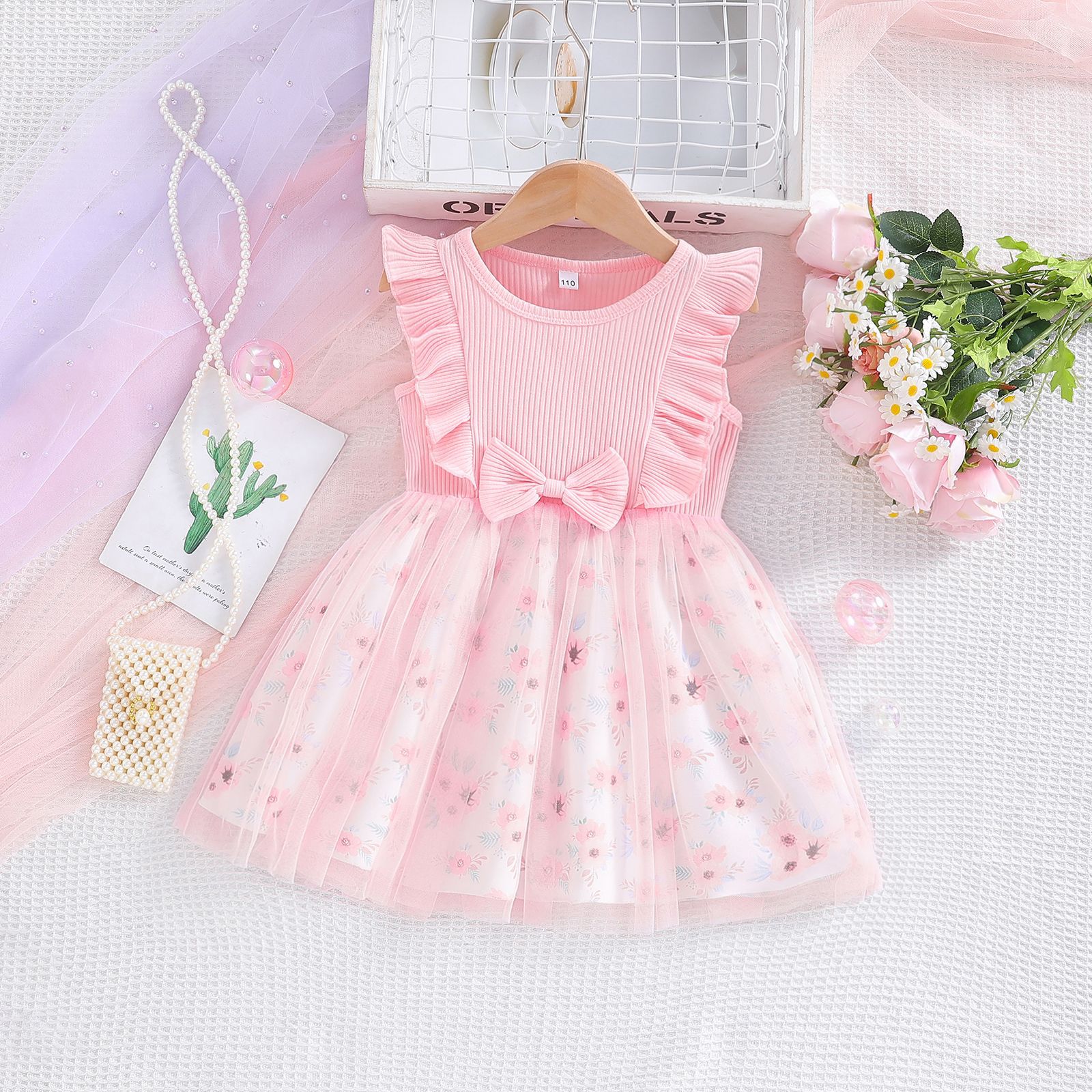2025 Girls' Sleeveless Sweet Medium and Small Children's Butterfly Bow Net Gown European and American Children's A-line Skirt Cotton