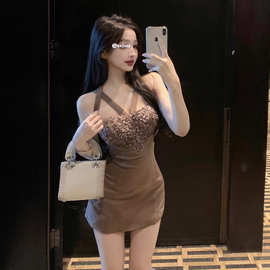 2997欧美跨境外贸女装辣妹性感修身拼接吊带连衣裙设计感修身短裙