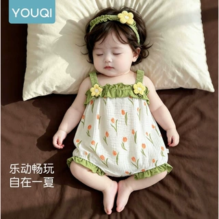 婴儿包屁衣夏季透气衣服可爱小月龄女宝宝连体衣薄款吊带哈衣爬服