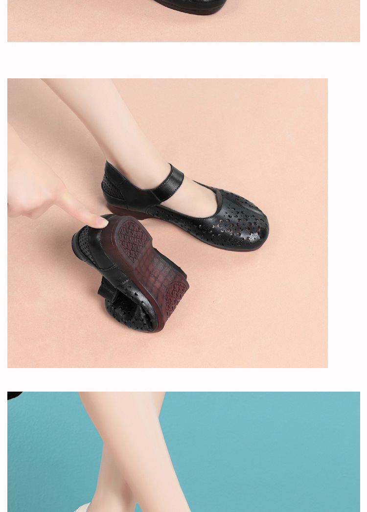 Sandal da thật mùa hè cho nữ trung niên đế mềm chống trượt — Màu đen chi tiết 12