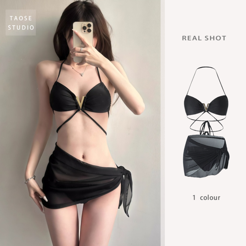 Swimsuit Women's Pure Desire Net V-Buckle Sexy European and American Black Split Bikini Three-Piece Set Vacation Swimsuit