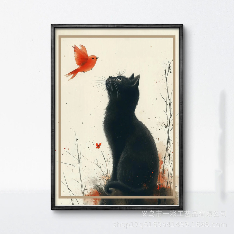 Abstract Black Cat and Red Bird Art Canvas Painting Prints Full of Whimsical Ideas Vintage Style Decorative Wall Art Abstract Black Cat and Red Bird Art Canvas Painting Prints Full of Whimsical Ideas Vintage Style Decorative Wall Art