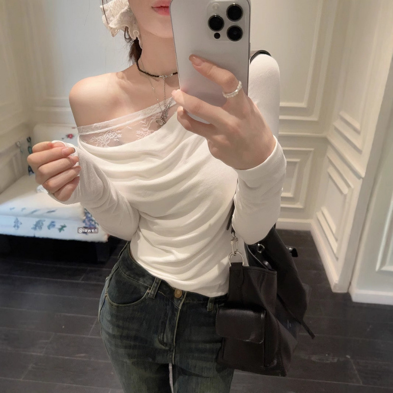 韩系纯欲蕾丝拼接露肩女2025春季新款设计感小众显瘦短款辣妹上衣|undefined
