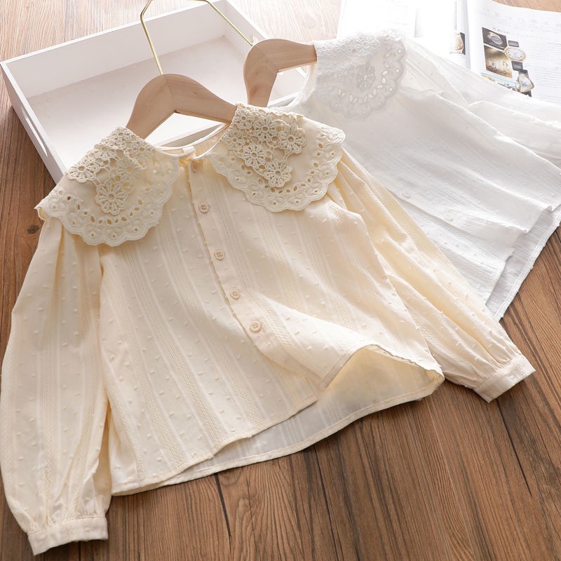 Primavera y otoño camisas de ropa de niñas bebés estilo extranjero marca de moda personalidad coreana encaje dulce camisa blanca hueca