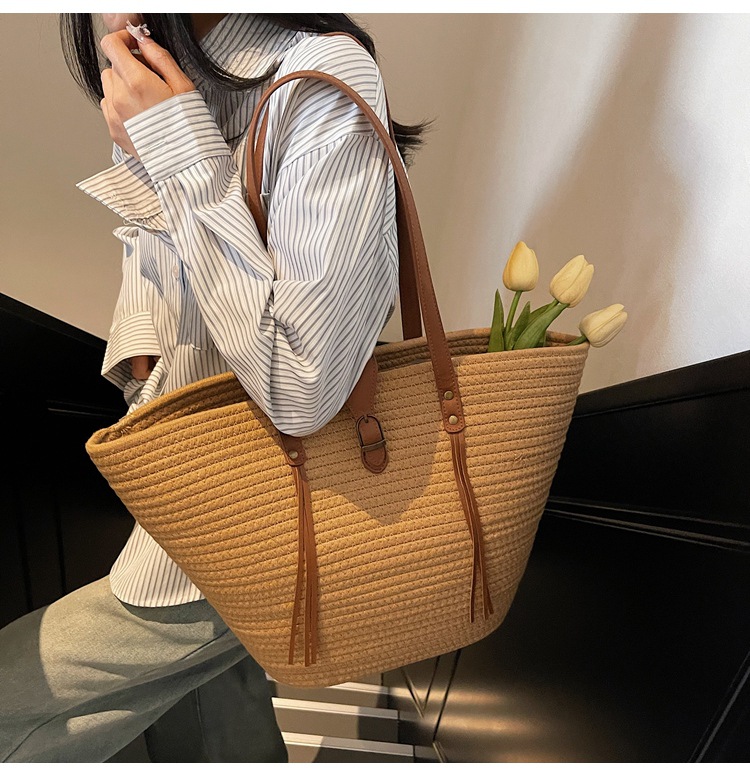 1125g Weight Weave Fashion Element Lock clasp Closure Type Double Shoulder Straps Strap Type Straw Bag Bags Type Casual Occasion cotton rope Material Solid Color Pattern Spring&Summer Season Women's Gender Beach Style Bucket Shape Large Size Women's Large Cotton Rope Solid Color Beach Weave Bucket Lock Clasp Straw Bag 6
