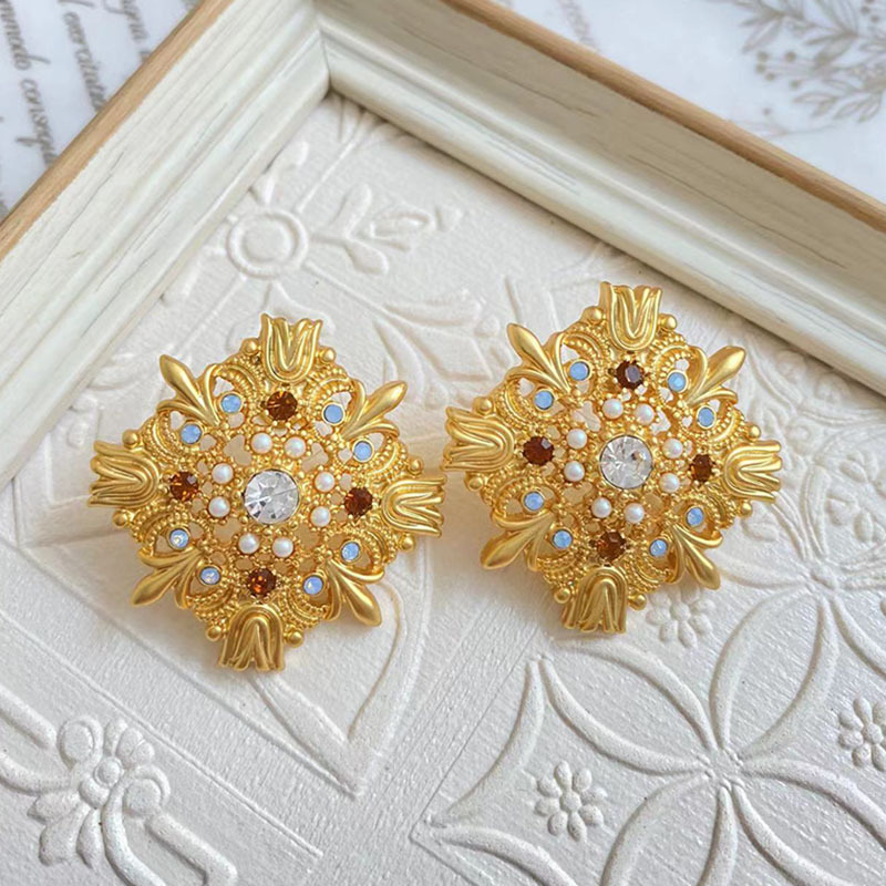 Ear Studs Classification 1 Pair Quantity Vintage Style Rhombus Alloy Gold Plated Zircon Women's Ear Studs 1 Pair