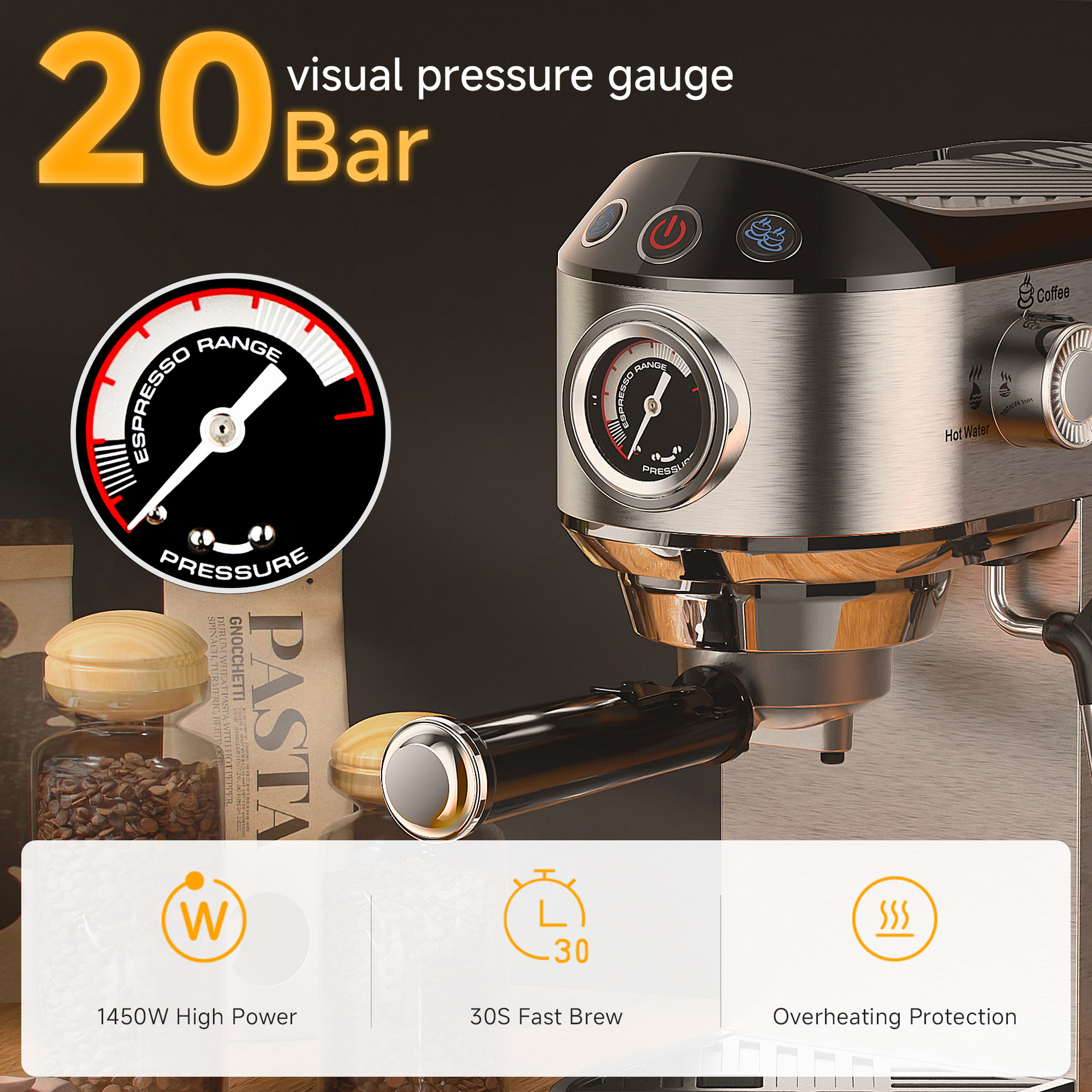 Cafetera espresso de 20 bares con manómetro para oficina en casa transfronteriza