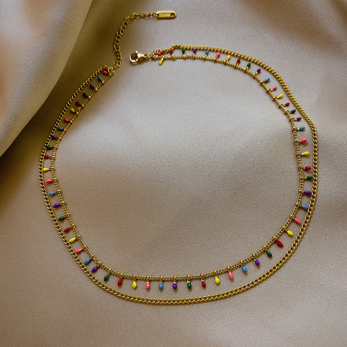 Colorful enamel craft necklace for women, double-layer titanium steel, unique design, niche clavicle chain, new trendy jewelry