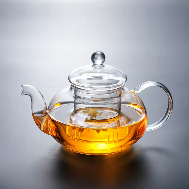 简约花茶壶带把手弯嘴泡茶煮茶壶高硼硅耐高温玻璃透明大容量茶壶