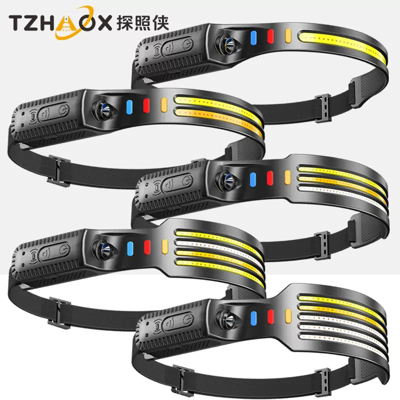 跨境感应头灯LED超轻可折叠户外便携工作灯夜钓跑步多光源软头灯