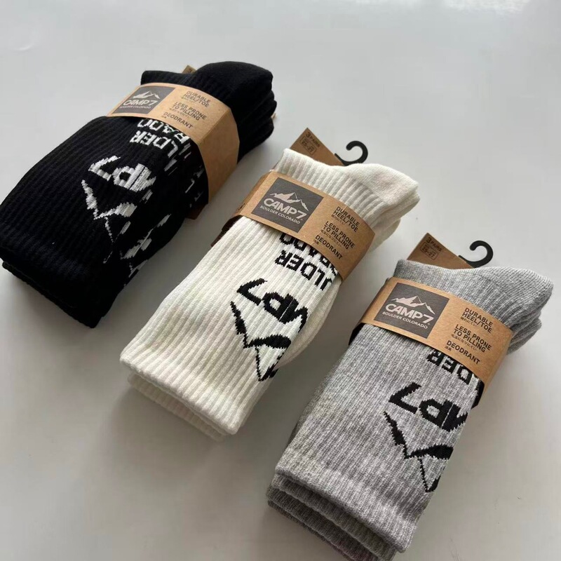 Camp7 Men's Long Socks with Letters, Outdoor Running, Knitted Cotton Socks, Fitness, Anti-Sweat, Breathable, Sweat-Absorbent, Mid-Length Socks