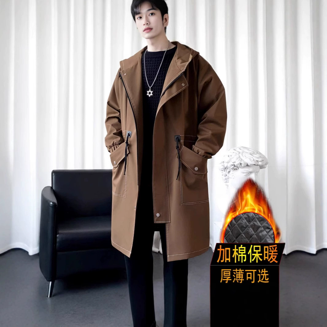 2024 зимняя новая ветровка мужская хлопчатобумажная средняя длинная с капюшоном пальто молодежная мода ветровка куртка оптом