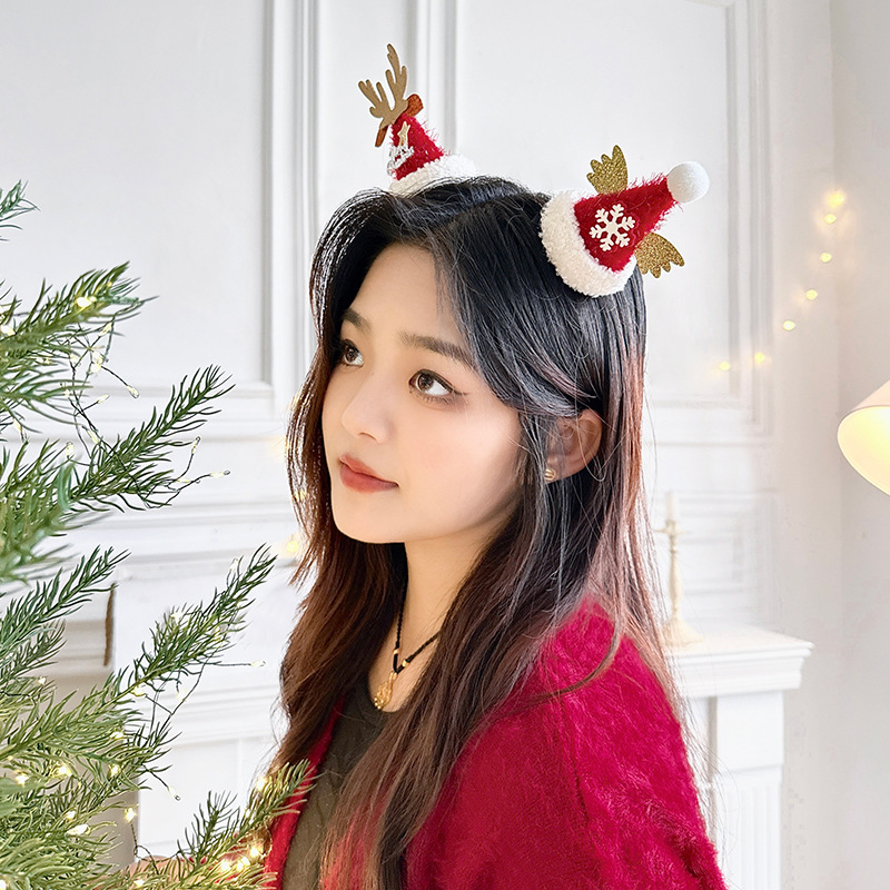 Joyas para la cabeza de Navidad arco clip de pelo sombrero clip de malla roja cuerno de ciervo para adultos pequeños regalos clip de pelo adornamiento para el pelo