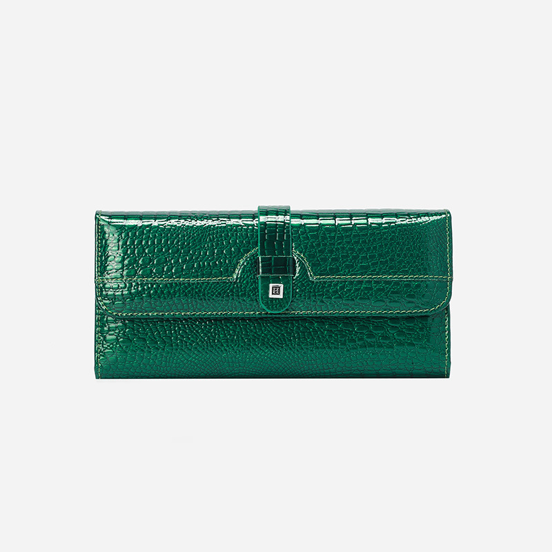 Luxury Women's Genuine Leather Tri-Fold Wallet Crocodile Embossed Patent Leather Large Capacity Top Grain Cowhide Long Purse Wholesale - Thumbnail 7