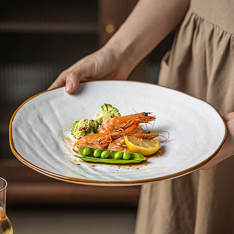 Textura de la tela Placa de alto grado de cerámica de estilo nórdico plato grande plato de carne de pasta occidental ensalada placa ligeramente defecto