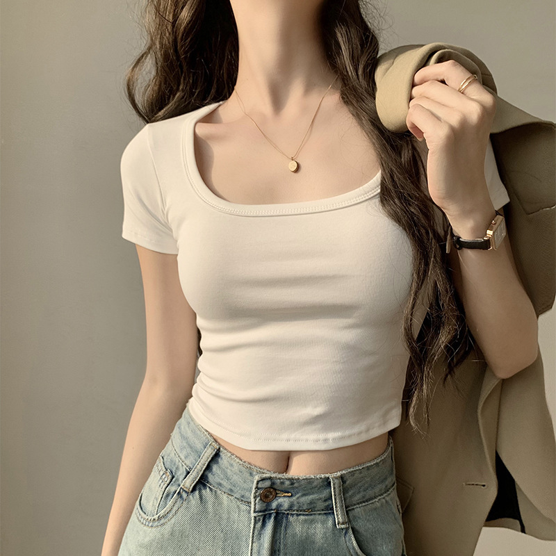 Cross-border Shoulder Square Collar Short-sleeved T-shirt Women's Summer Sweet and Hot New Style Short Umbilical U-collar White Top Trendy