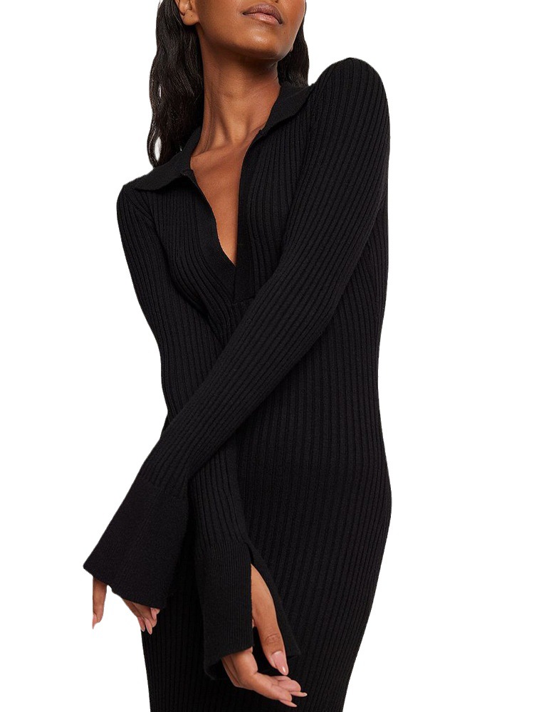 Women Clothing Long Sleeve Dress Women Knitted Deep V Plunge Sweater Maxi Dress