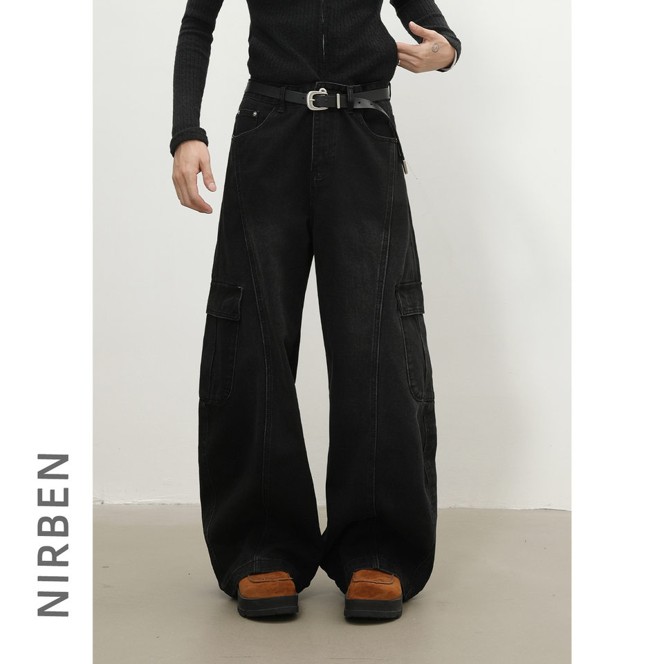 Quần jean nam ống rộng baggy phong cách retro Mỹ, nhiều túi khóa kéo, lưng giữa eo — màu xám đen