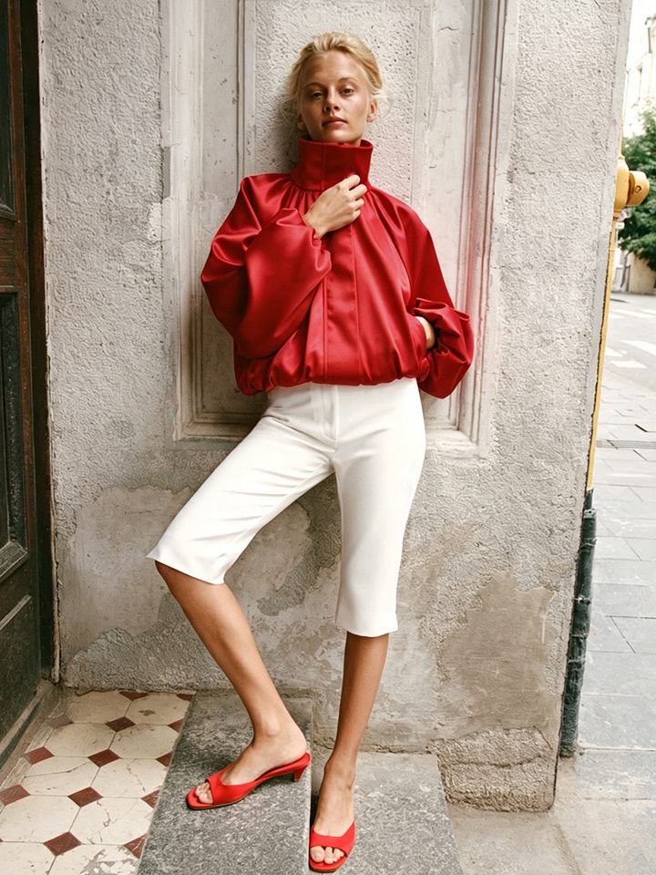 Áo khoác jacket satin cổ đứng tay hoa tulip dáng rộng — Màu hồng, Màu xanh dương, màu đỏ chi tiết 22