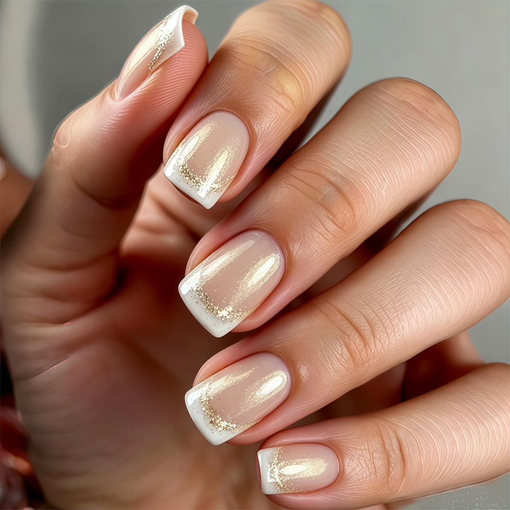 Unpa de uñas de uso comercial exterior simple blanco francés corto redondo desnudo suave blanqueamiento parche de uñas falsas