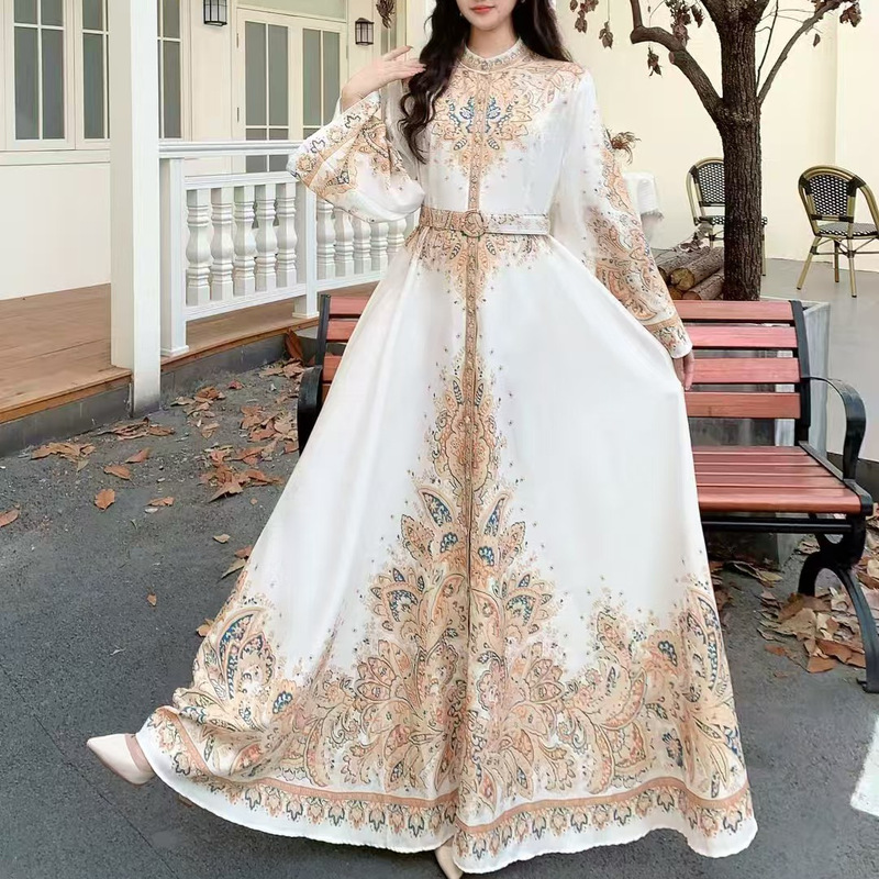 Retro Accessible Luxury Palace Style Printed Dress for Women in Autumn and Winter with Waist and Bell Sleeves Design Niche Elegant Long Skirt Retro Accessible Luxury Palace Style Printed Dress for Women in Autumn and Winter with Waist and Bell Sleeves Design Niche Elegant Long Skirt