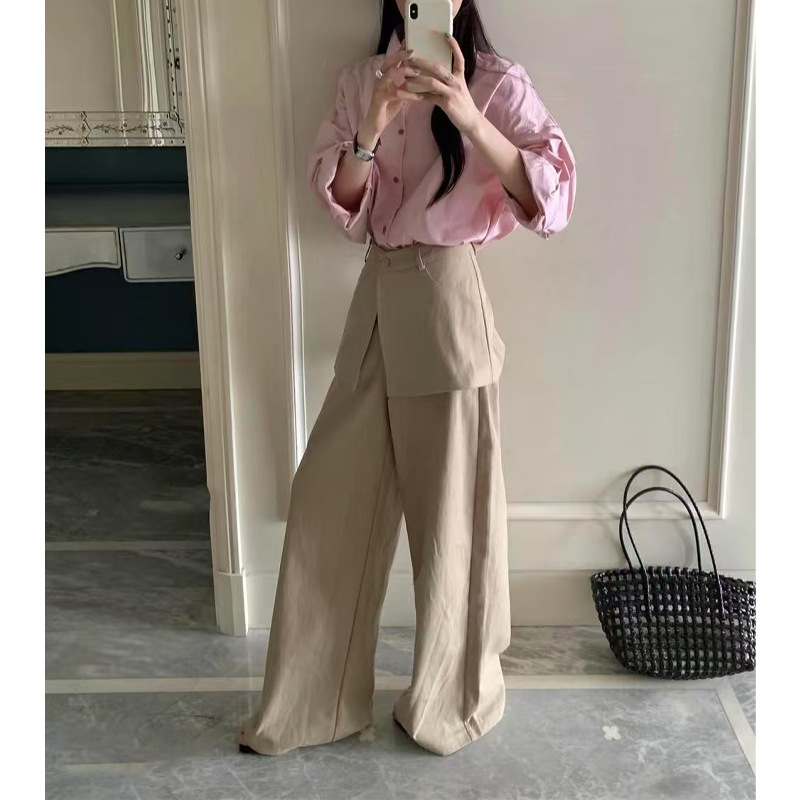2025 Early Autumn New Long-Sleeve Pink Shirt Top with Wide-Leg Pants Set Fashion Clever Outfit