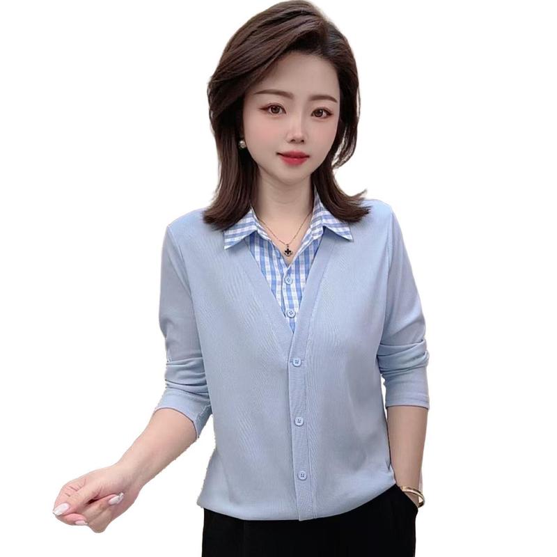 2025翻领减龄百搭春夏新款女装衬衫显瘦拼接格子领假两件女士上衣|undefined