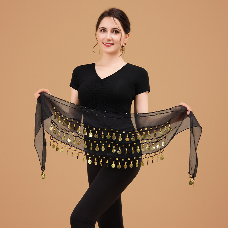 66 Coins Belly Dance Waist Chain for Beginners, Indian Dance Practice Hip Scarf, Three-Layer Chiffon Gold Coin Belt, Performance Costume Waist Scarf