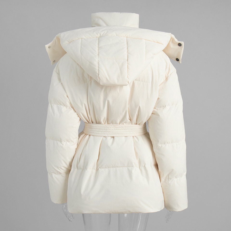 Áo khoác bông nữ có mũ, khóa kéo, thắt eo dáng ôm, dài trung bình, chất liệu polyester dày — màu nâu, màu đen, quả mơ chi tiết 5
