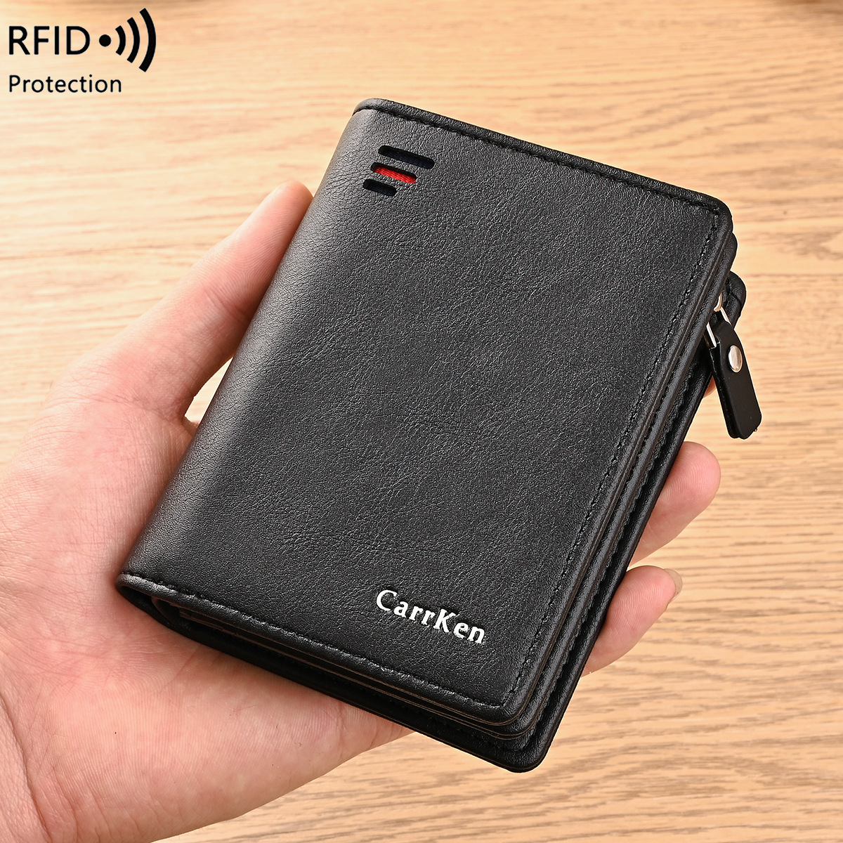 Cartera corta para hombre con cremallera, anti-desmagnetización