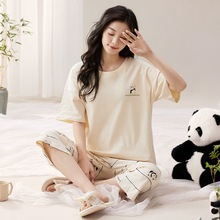 实体店睡衣女夏季棉质短袖七分裤睡衣印花套头圆领家一件代发包邮