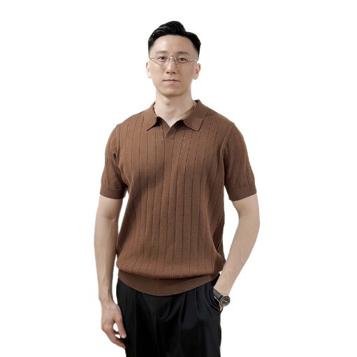 Camisa POLO suéter de manga corta con cuello en V para hombre, rayas verticales, negocios británicos, delgado, seda de hielo de verano, comercio exterior, venta al por mayor transfronteriza image 6