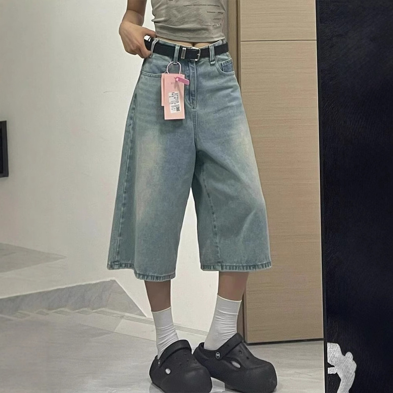 Light Blue American Washed Wide-Leg Jeans Women's Summer High-Waisted Large Size Loose Fat mm Straight Three-Point Shorts